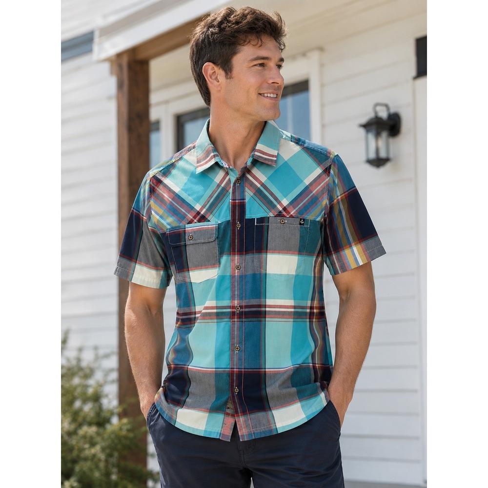 KAVU‎ Mens Small Short Sleeve Plaid Button Down Shirt Blue Teal Stretch Cotton